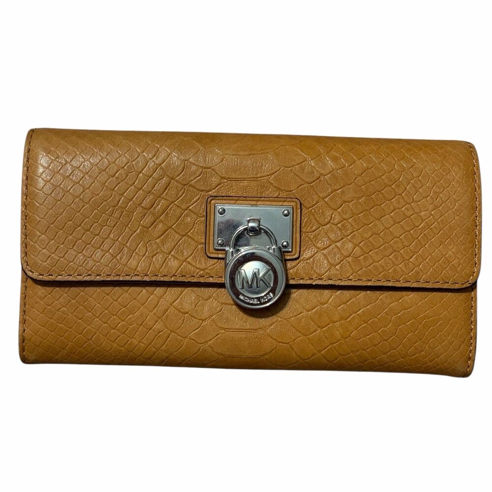 Michael Kors Hamilton Crocodile Embossed Wallet Tan Leather Continental Lock